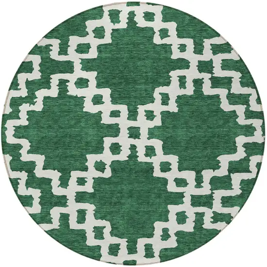 8' Emerald And Ivory Round Geometric Washable Indoor Outdoor Area Rug Photo 4