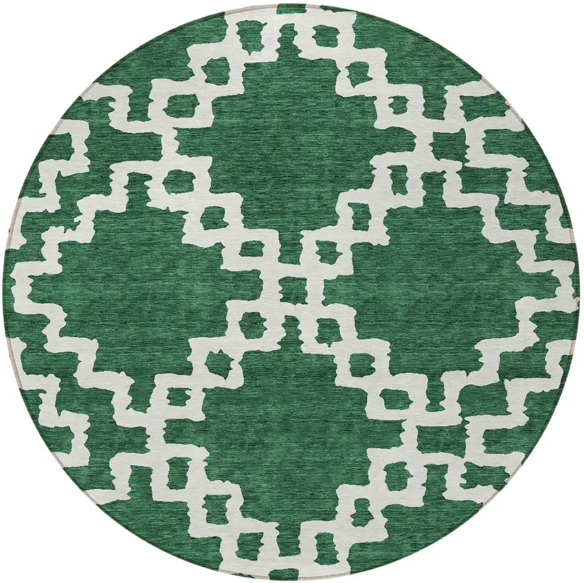 8' Emerald And Ivory Round Geometric Washable Indoor Outdoor Area Rug Photo 4