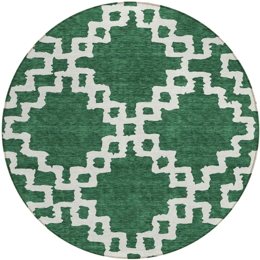 8' Emerald And Ivory Round Geometric Washable Indoor Outdoor Area Rug Photo 2