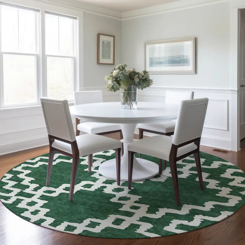 8' Emerald And Ivory Round Geometric Washable Indoor Outdoor Area Rug Photo 6