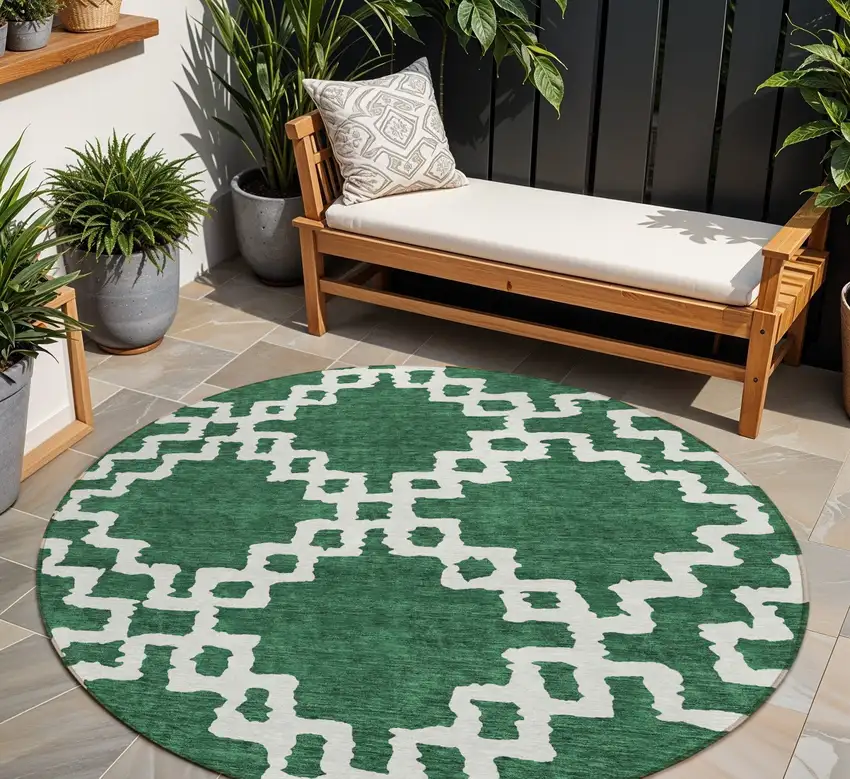 8' Emerald And Ivory Round Geometric Washable Indoor Outdoor Area Rug Photo 1