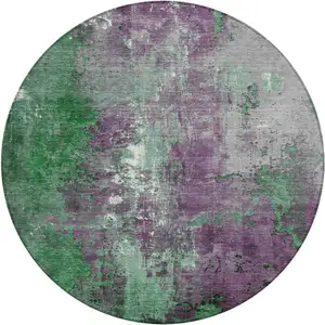 Photo of 8' Emerald And Purple Round Abstract Washable Indoor Outdoor Area Rug
