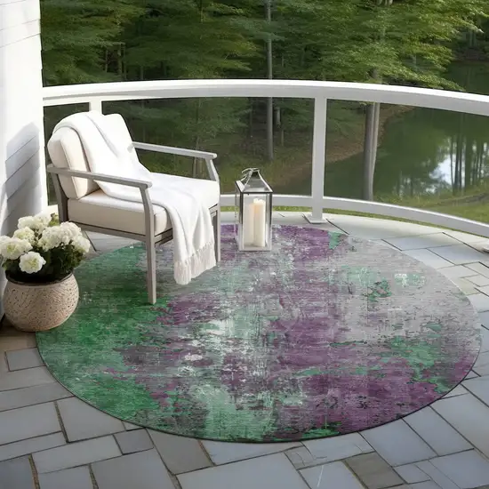 8' Emerald And Purple Round Abstract Washable Indoor Outdoor Area Rug Photo 5
