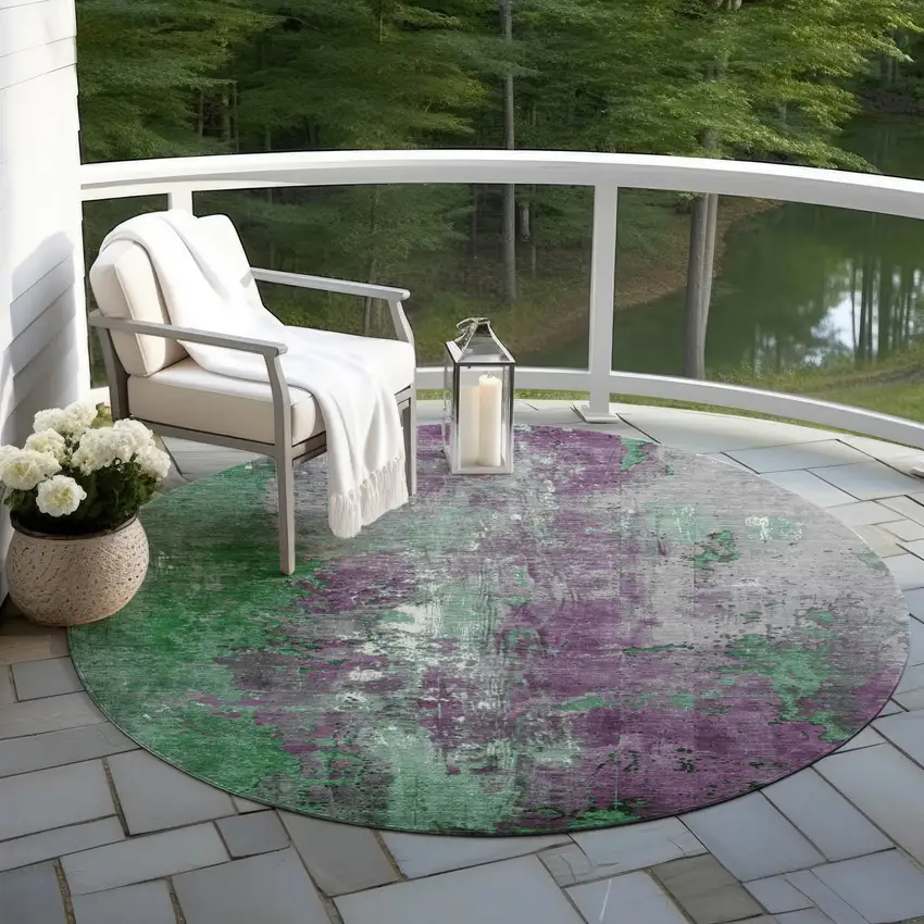 8' Emerald And Purple Round Abstract Washable Indoor Outdoor Area Rug Photo 5