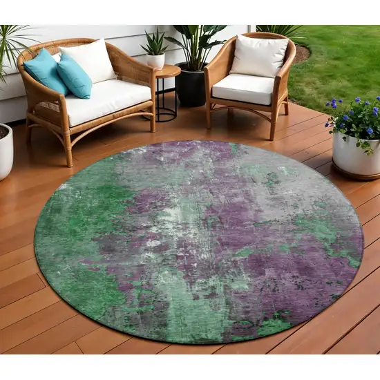 8' Emerald And Purple Round Abstract Washable Indoor Outdoor Area Rug Photo 2