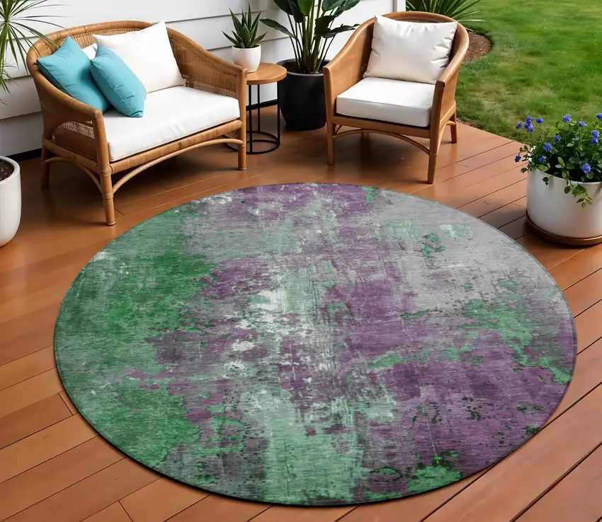 8' Emerald And Purple Round Abstract Washable Indoor Outdoor Area Rug Photo 2
