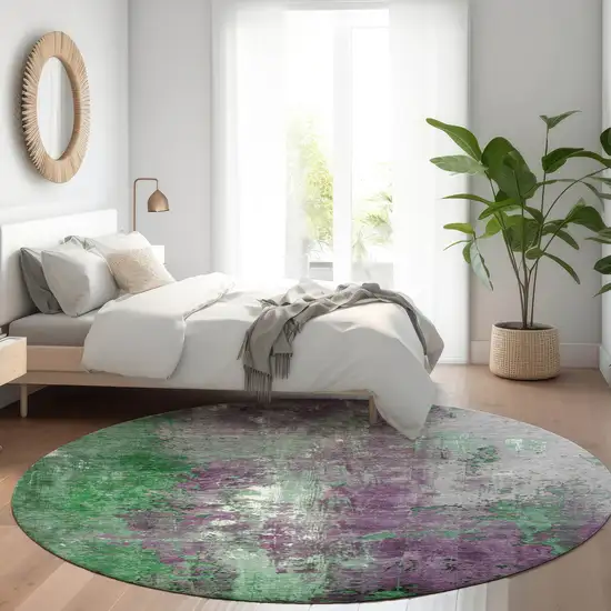 8' Emerald And Purple Round Abstract Washable Indoor Outdoor Area Rug Photo 6