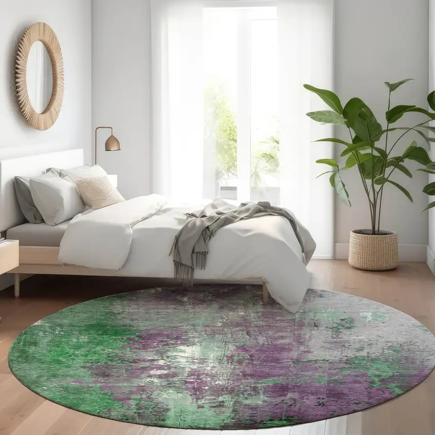 8' Emerald And Purple Round Abstract Washable Indoor Outdoor Area Rug Photo 6