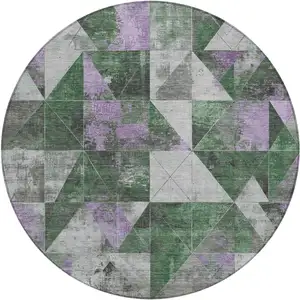 Photo of 8' Emerald And Purple Round Geometric Washable Indoor Outdoor Area Rug