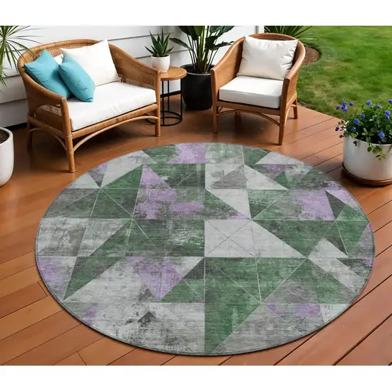 8' Emerald And Purple Round Geometric Washable Indoor Outdoor Area Rug Photo 2