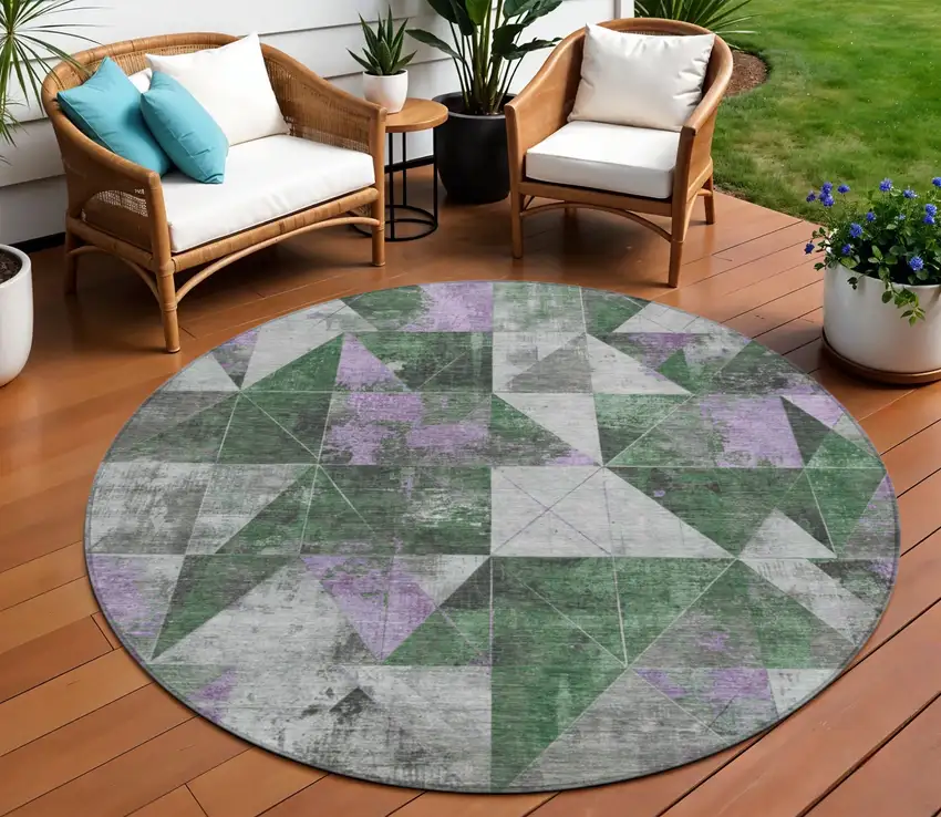 8' Emerald And Purple Round Geometric Washable Indoor Outdoor Area Rug Photo 2