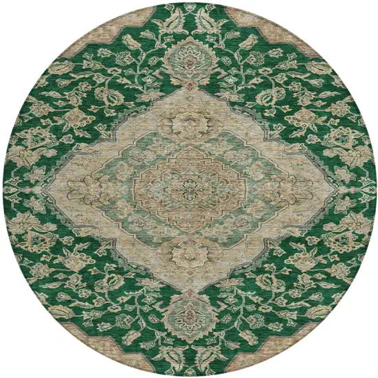 8' Emerald Beige And Brown Round Oriental Washable Indoor Outdoor Area Rug Photo 2
