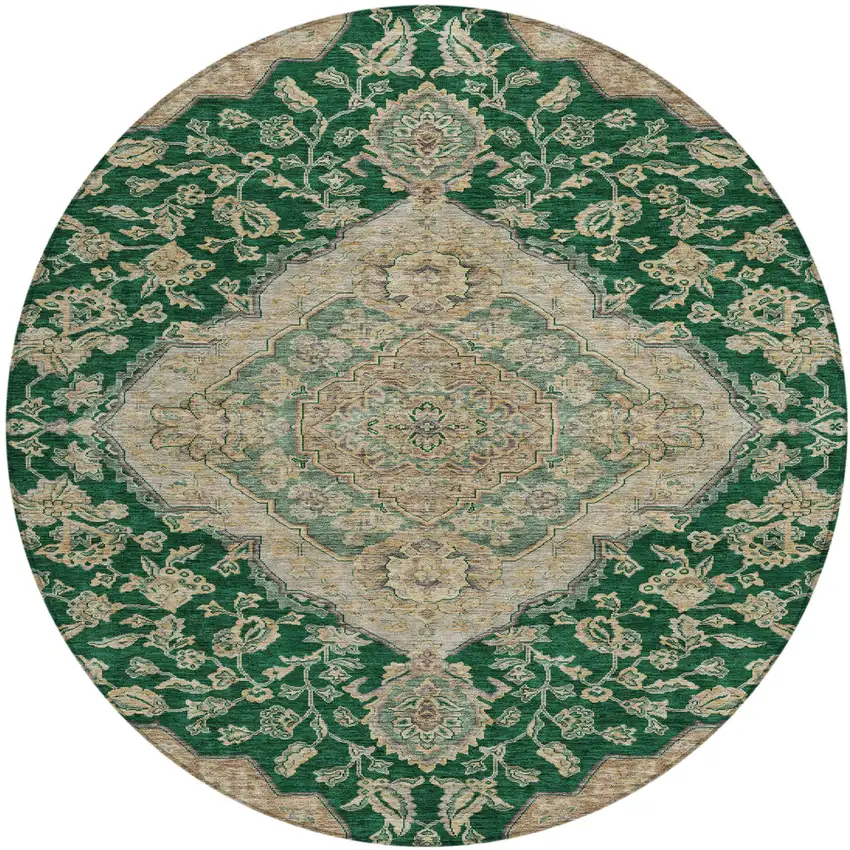8' Emerald Beige And Brown Round Oriental Washable Indoor Outdoor Area Rug Photo 2