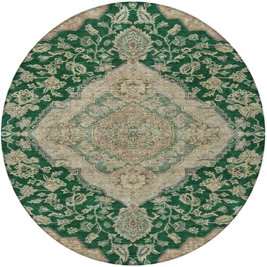 8' Emerald Beige And Brown Round Oriental Washable Indoor Outdoor Area Rug Photo 6