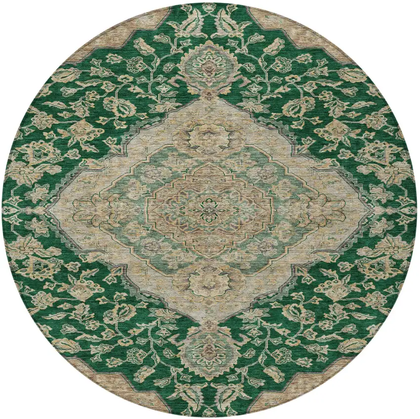 8' Emerald Beige And Brown Round Oriental Washable Indoor Outdoor Area Rug Photo 6