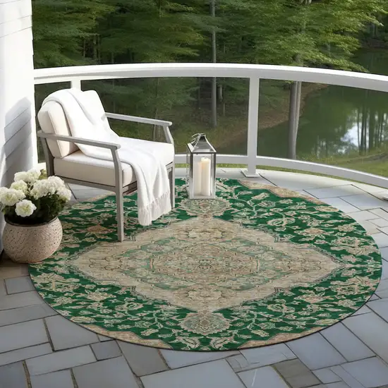 8' Emerald Beige And Brown Round Oriental Washable Indoor Outdoor Area Rug Photo 7
