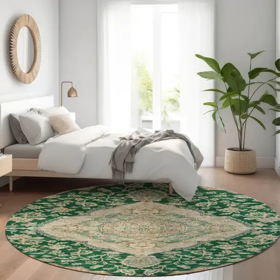8' Emerald Beige And Brown Round Oriental Washable Indoor Outdoor Area Rug Photo 8