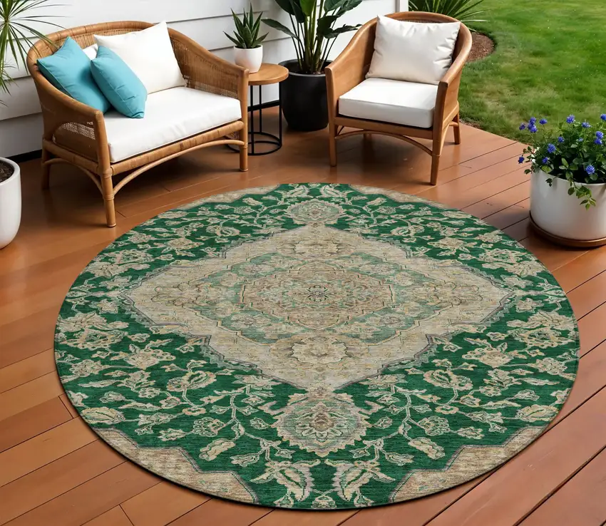 8' Emerald Beige And Brown Round Oriental Washable Indoor Outdoor Area Rug Photo 1