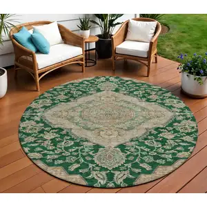 Photo of 8' Emerald Beige And Brown Round Oriental Washable Indoor Outdoor Area Rug