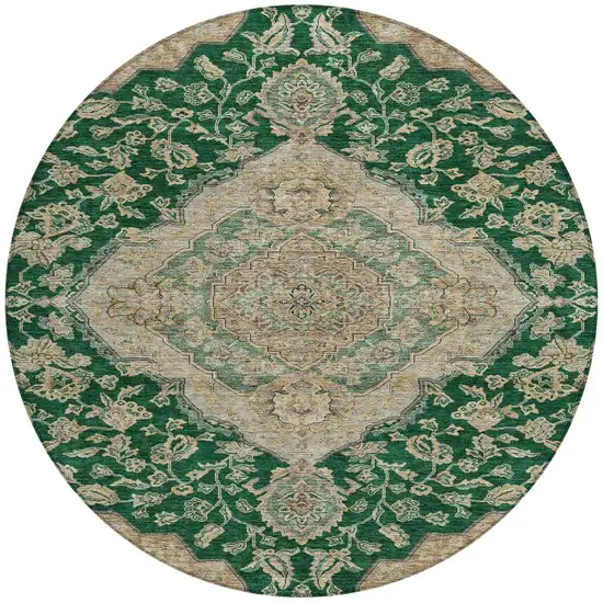 8' Emerald Beige And Brown Round Oriental Washable Indoor Outdoor Area Rug Photo 5