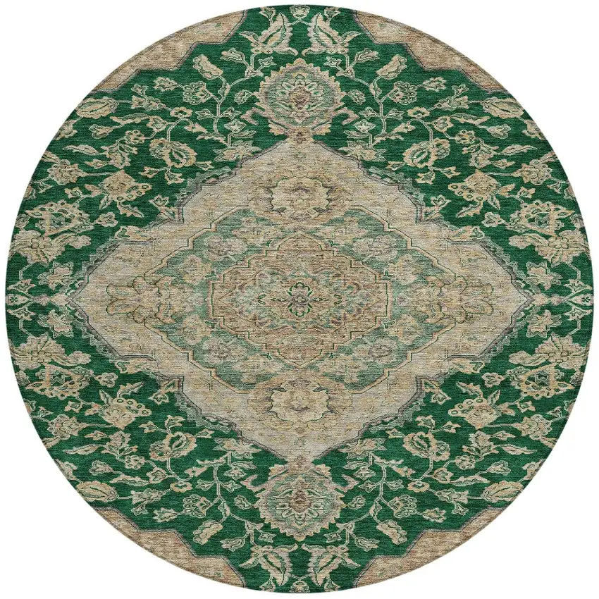 8' Emerald Beige And Brown Round Oriental Washable Indoor Outdoor Area Rug Photo 5