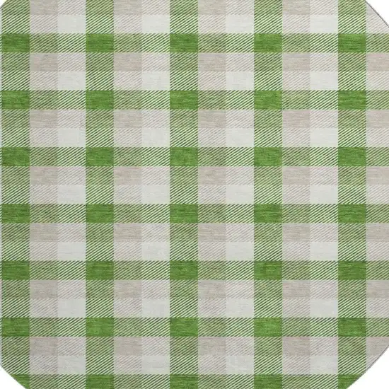 8' Emerald Beige And Ivory Plaid Washable Round Rug With UV Protection Photo 2