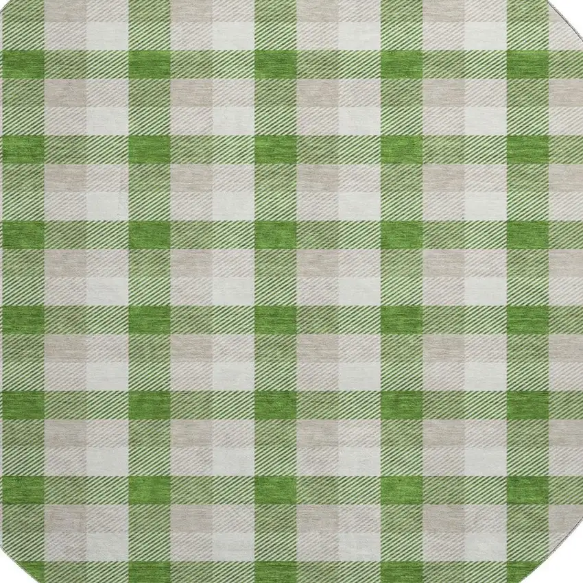 8' Emerald Beige And Ivory Plaid Washable Round Rug With UV Protection Photo 2