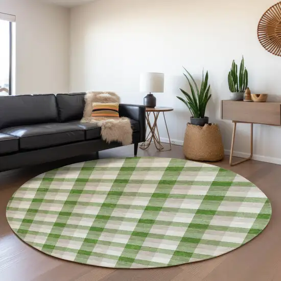 8' Emerald Beige And Ivory Plaid Washable Round Rug With UV Protection Photo 4