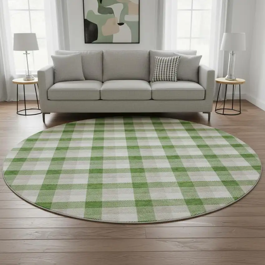 8' Emerald Beige And Ivory Plaid Washable Round Rug With UV Protection Photo 2