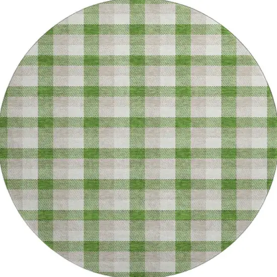 8' Emerald Beige And Ivory Plaid Washable Round Rug With UV Protection Photo 3