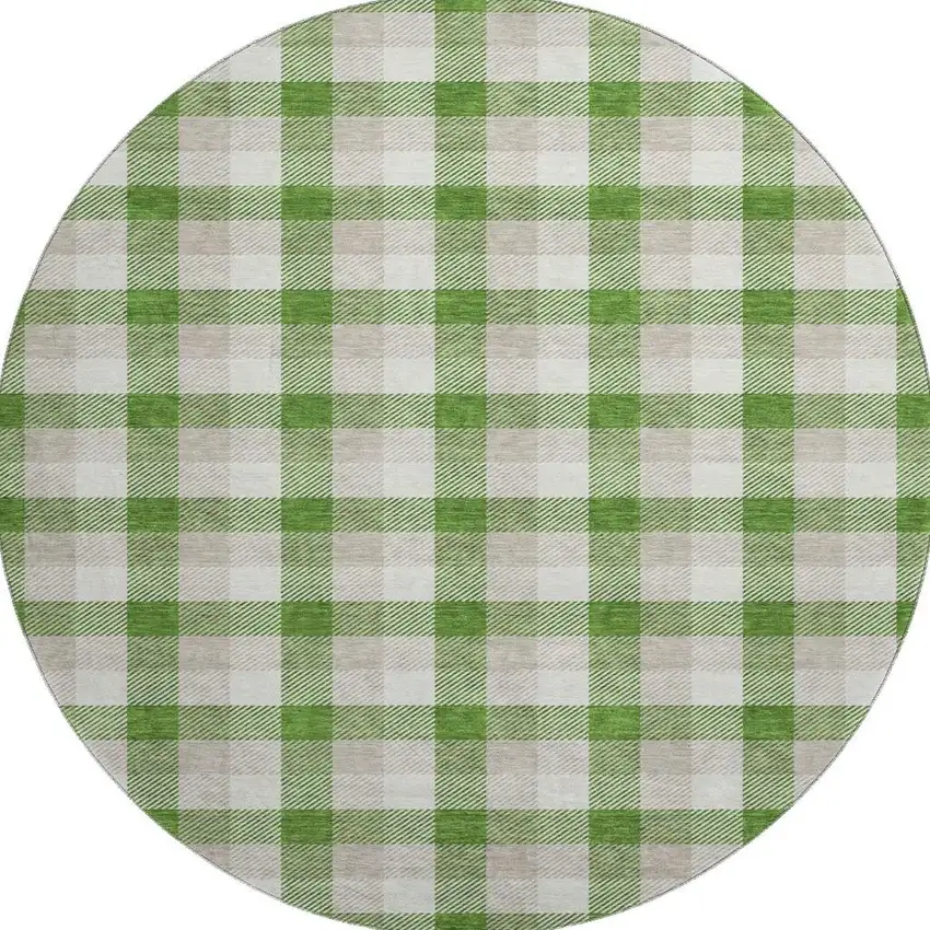 8' Emerald Beige And Ivory Plaid Washable Round Rug With UV Protection Photo 3