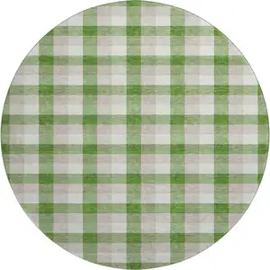 Photo of 8' Emerald Beige And Ivory Plaid Washable Round Rug With UV Protection
