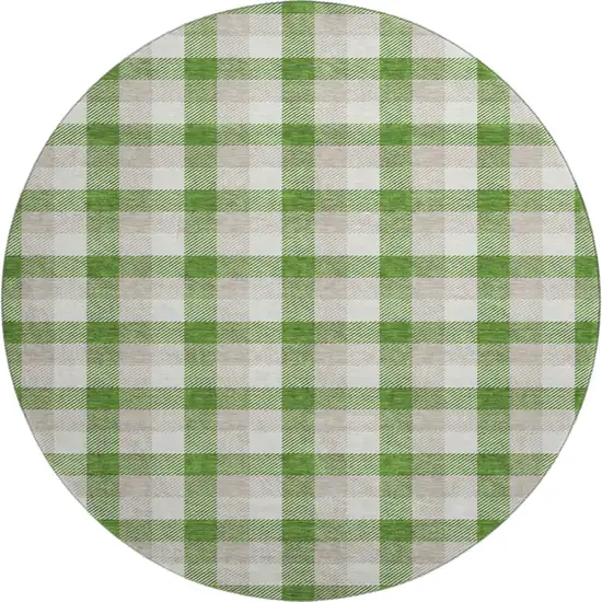 8' Emerald Beige And Ivory Plaid Washable Round Rug With UV Protection Photo 1
