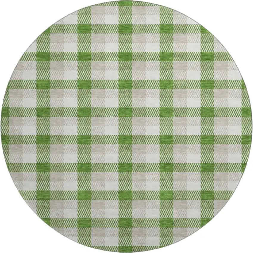 8' Emerald Beige And Ivory Plaid Washable Round Rug With UV Protection Photo 1