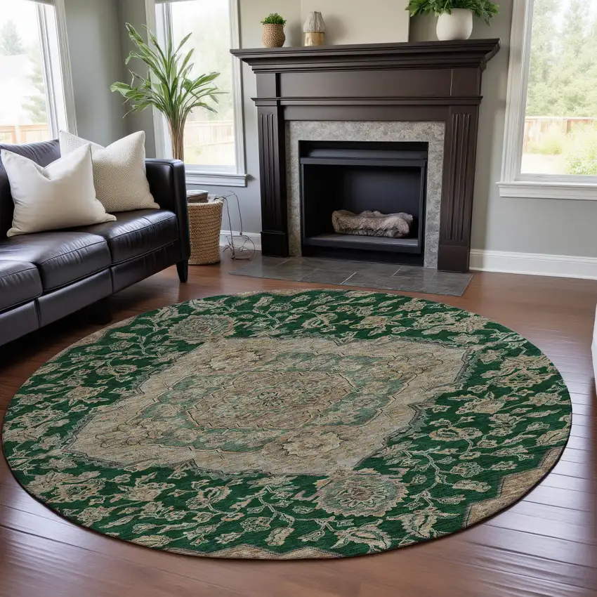 8' Emerald Beige And Taupe Floral Medallion Washable Round Rug With UV Protection Photo 4