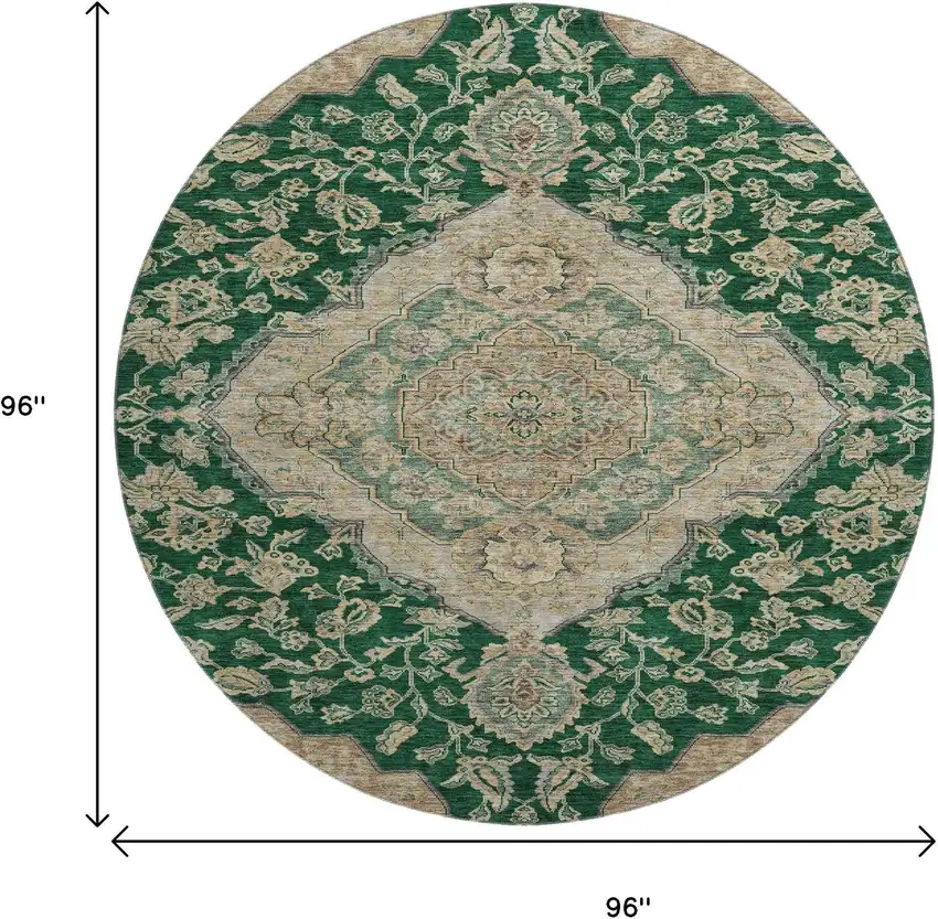 8' Emerald Beige And Taupe Floral Medallion Washable Round Rug With UV Protection Photo 9