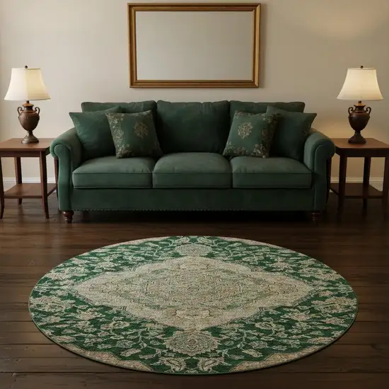 8' Emerald Beige And Taupe Floral Medallion Washable Round Rug With UV Protection Photo 2
