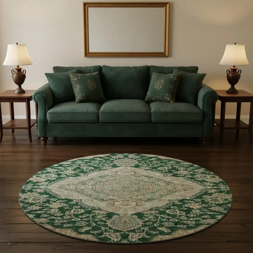 8' Emerald Beige And Taupe Floral Medallion Washable Round Rug With UV Protection Photo 2