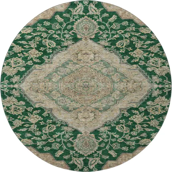 8' Emerald Beige And Taupe Floral Medallion Washable Round Rug With UV Protection Photo 3