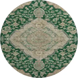 Photo of 8' Emerald Beige And Taupe Floral Medallion Washable Round Rug With UV Protection