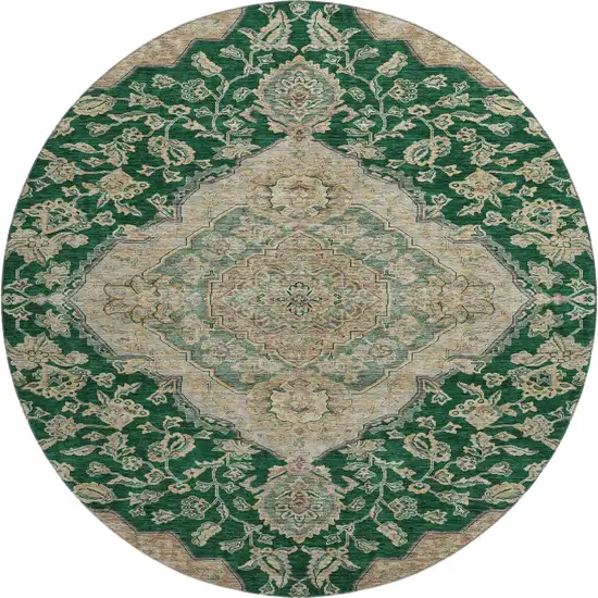 8' Emerald Beige And Taupe Floral Medallion Washable Round Rug With UV Protection Photo 1