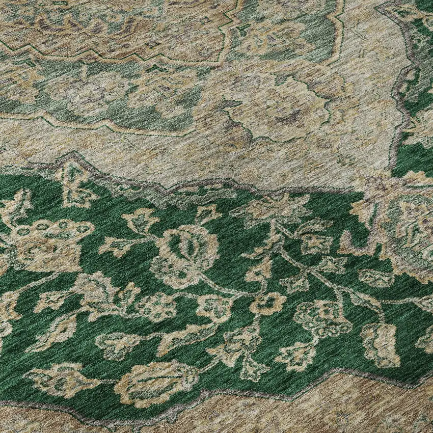 8' Emerald Beige And Taupe Floral Medallion Washable Round Rug With UV Protection Photo 8