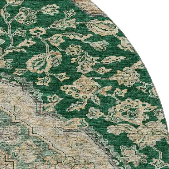 8' Emerald Beige And Taupe Floral Medallion Washable Round Rug With UV Protection Photo 2