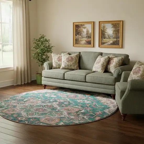 8' Emerald Beige And Teal Floral Medallion Washable Round Rug With UV Protection Photo 1