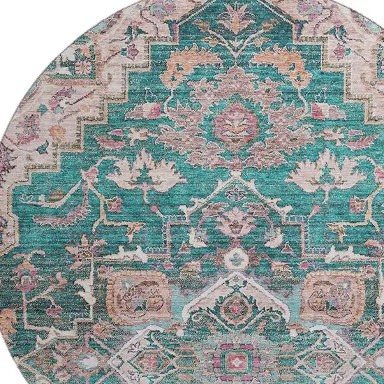 8' Emerald Beige And Teal Floral Medallion Washable Round Rug With UV Protection Photo 3