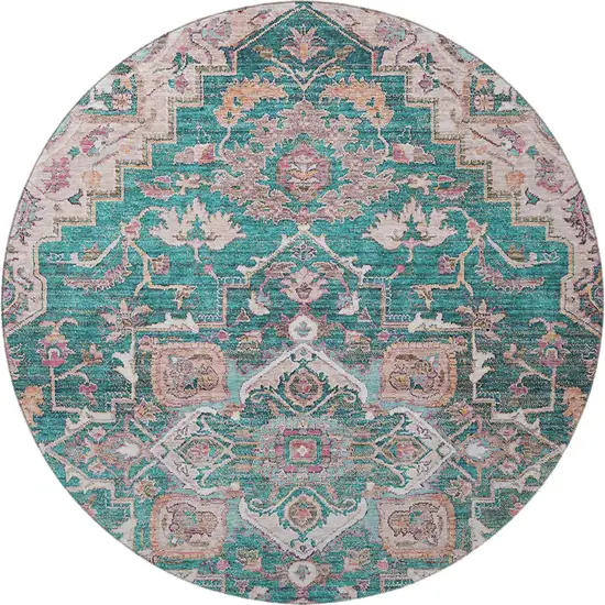 8' Emerald Beige And Teal Floral Medallion Washable Round Rug With UV Protection Photo 4