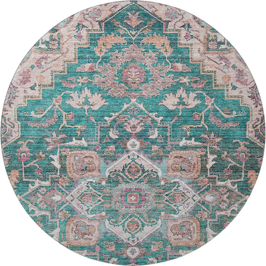 8' Emerald Beige And Teal Floral Medallion Washable Round Rug With UV Protection Photo 4