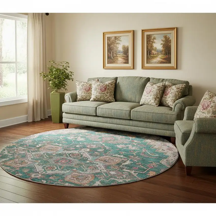 8' Emerald Beige And Teal Floral Medallion Washable Round Rug With UV Protection Photo 3