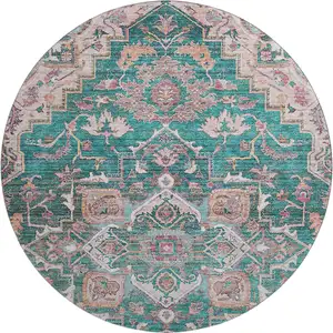 Photo of 8' Emerald Beige And Teal Floral Medallion Washable Round Rug With UV Protection