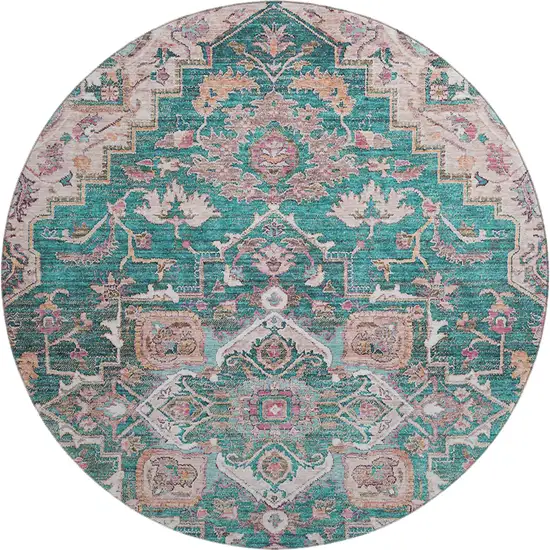 8' Emerald Beige And Teal Floral Medallion Washable Round Rug With UV Protection Photo 1